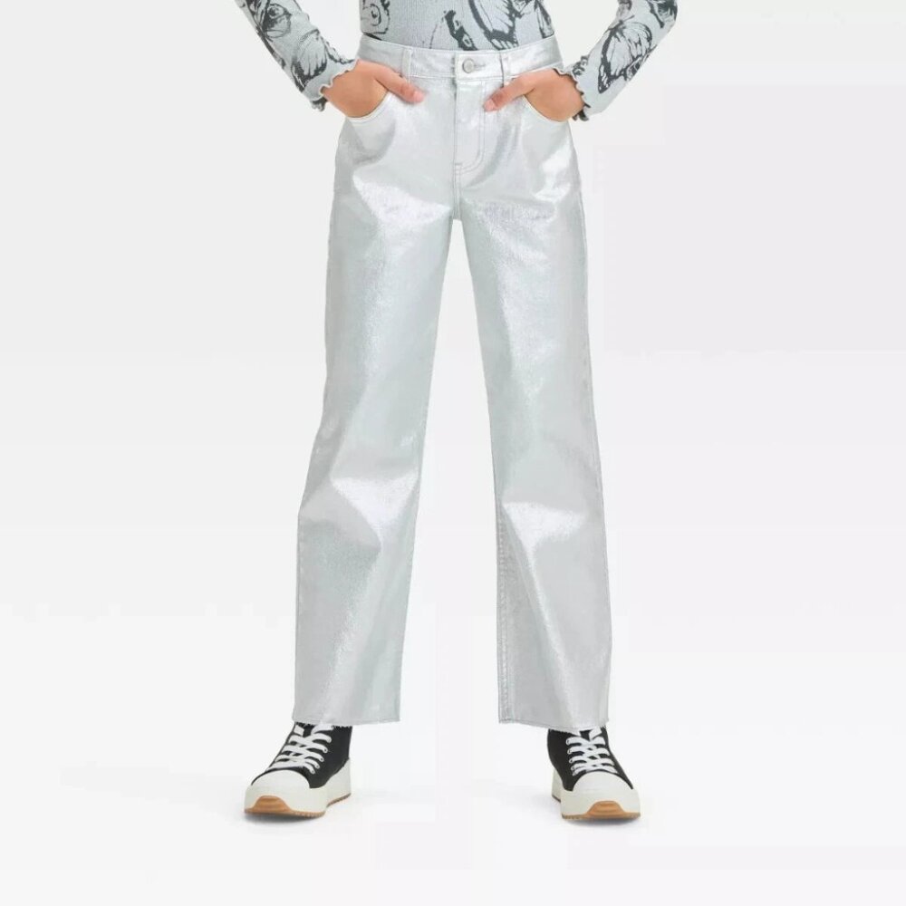 Art Class Girls' 12 Silver High-Rise Baggy Metallic Denim Pant Denim Button Fly